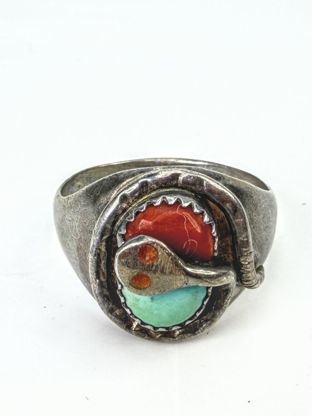 Vintage Effie Calavaza Zuni Sterling Coral Turquoise Snake Ring 11.1g s10 JR2060